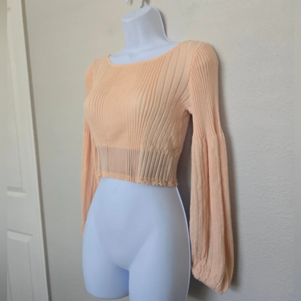 Zara Knit Crop Balloon Sleeve Peach Blouse Top Size Medium
